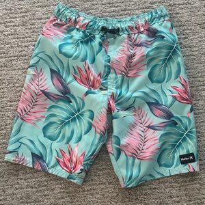 Hurley Aqua and Pink Leaf Print Shorts